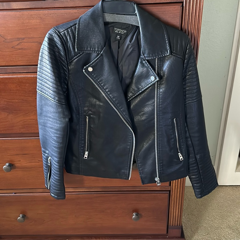Topshop Women’s Black Leather Jacket - Size 4